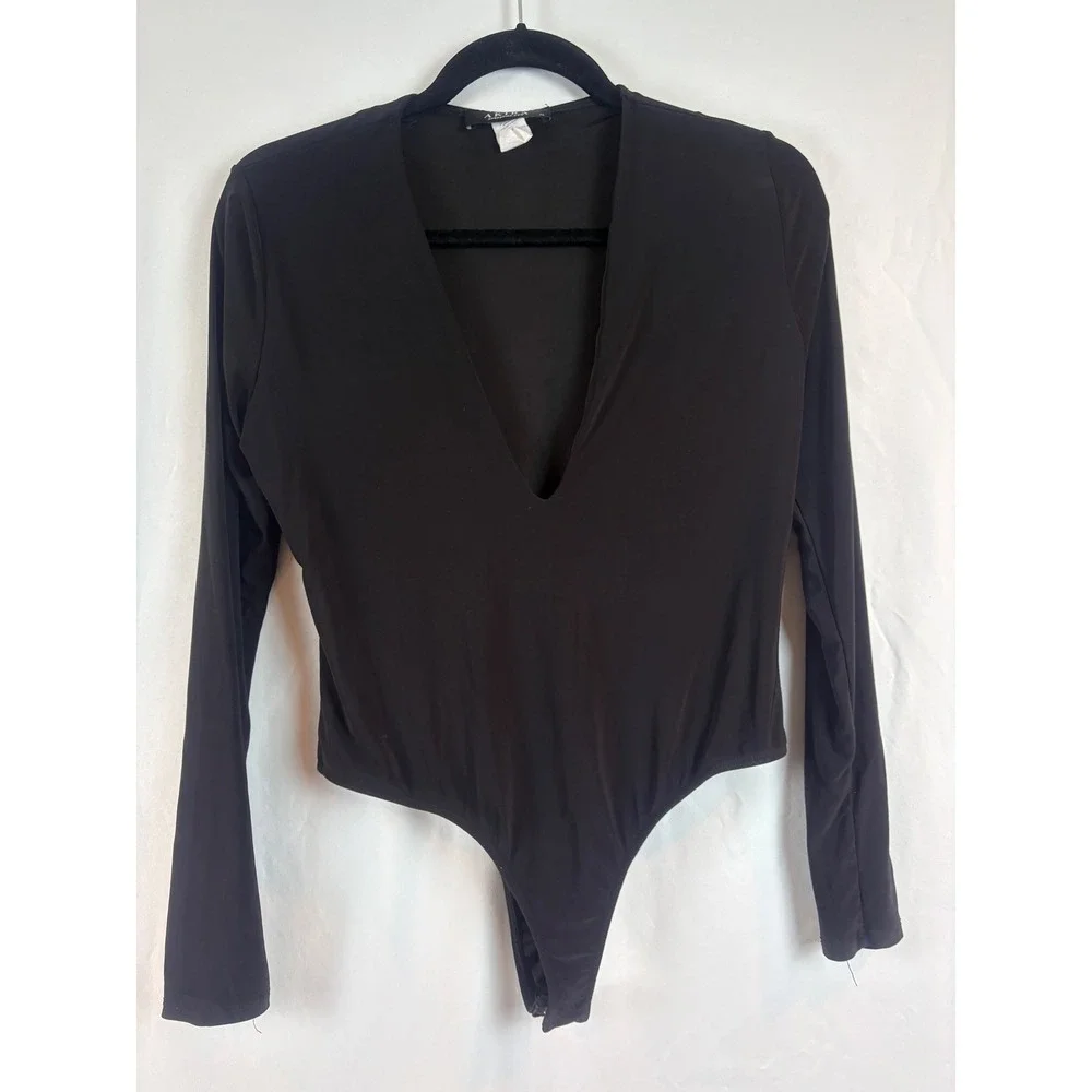 Akira Womens Deep V Neck Long Sleeve Thong‎ Bodysuit Black XL